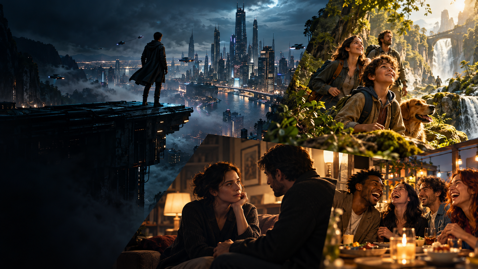 Original scenes representing science fiction, family adventure, drama, and comedy